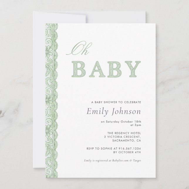 Invitación Green Lace Gender Neutral Baby Shower Invitation (Anverso)