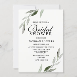 Invitación Green Leaf Modern Watercolor Bridal Shower Invite