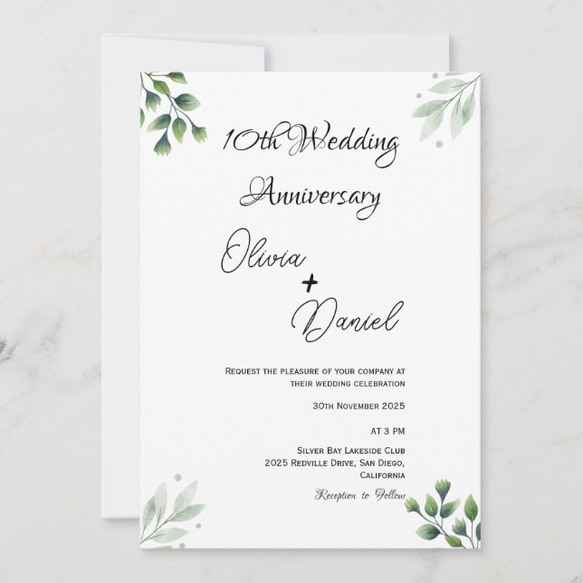 Invitación Green Leaf' Standard 10th Wedding Anniversary  (Anverso)