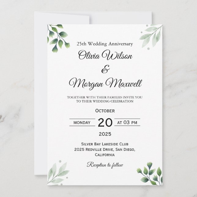 Invitación Green Leaf' Standard 25th Wedding Anniversary  (Anverso)