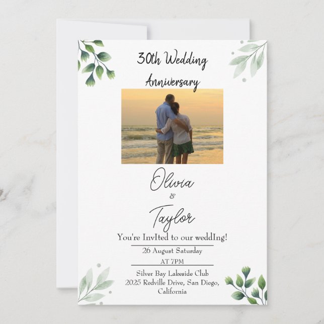 Invitación Green Leaf' Standard 30th Wedding Anniversary  (Anverso)