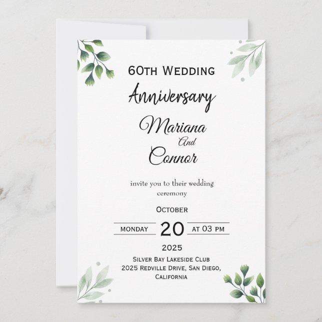 Invitación Green Leaf' Standard 60th Wedding Anniversary  (Anverso)