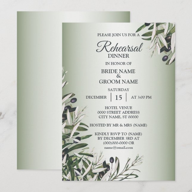 Invitación Green Leaves Black Olive Rehearsal Dinner Party (Anverso / Reverso)