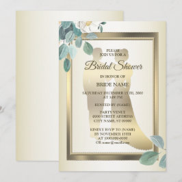 Invitación Green Leaves Flower Golden Bridal Shower Party