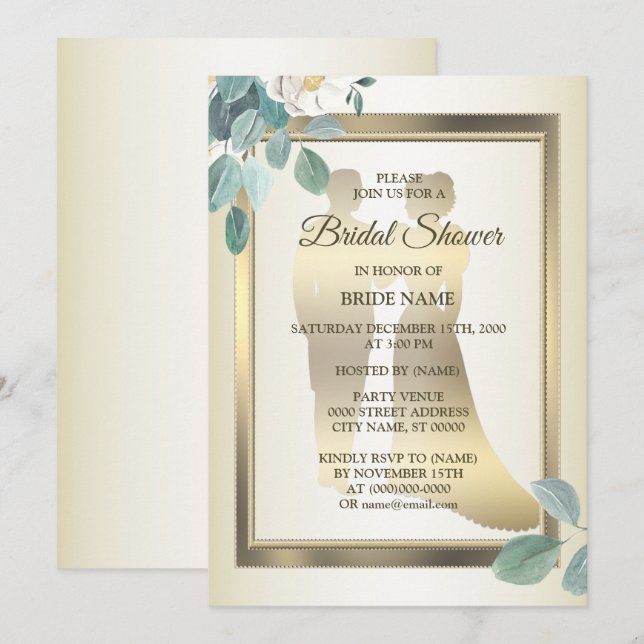 Invitación Green Leaves Flower Golden Bridal Shower Party (Anverso / Reverso)