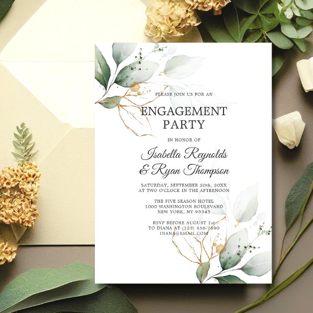 Invitación Green Leaves Gold Watercolor ENGAGEMENT PARTY (Subido por el creador)