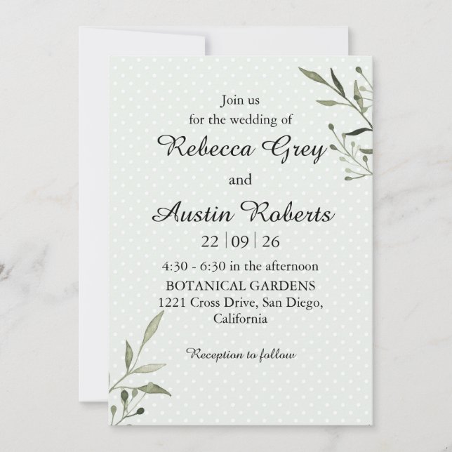 Invitación Green Leaves Modern  Minimalist Greenery Wedding (Anverso)