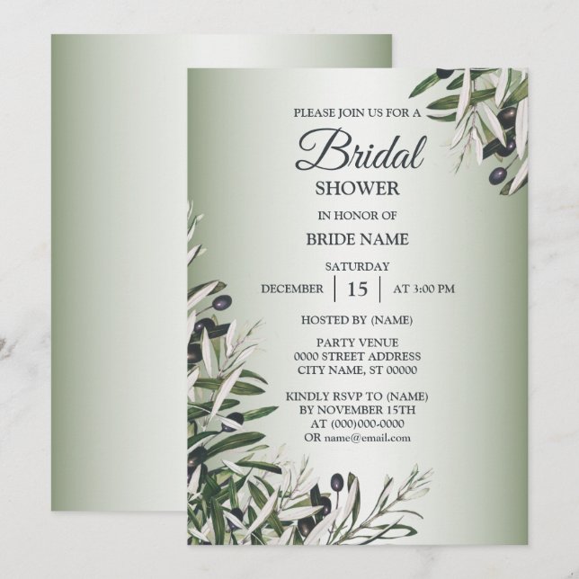 Invitación Green Leaves Olive Elegante Bridal Shower (Anverso / Reverso)