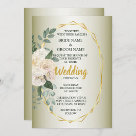 Invitación Green Leaves Pink Floral Golden Geometric Wedding