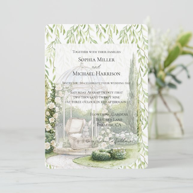 Invitación Green Leaves White Floral Love Bunny Wedding (Anverso de pie)