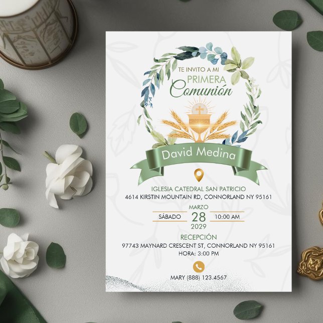 Invitación Green Leaves Wreath First Holy Communion Catholic (Subido por el creador)