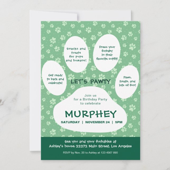 Invitación Green Let's Pawty, Paw Print (Anverso)