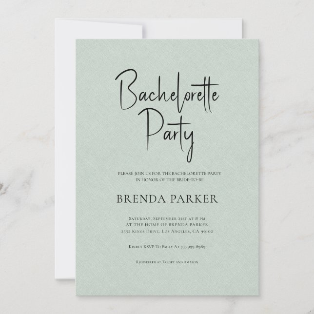 Invitación Green Linen Simple Black Script Bachelorette Party (Anverso)