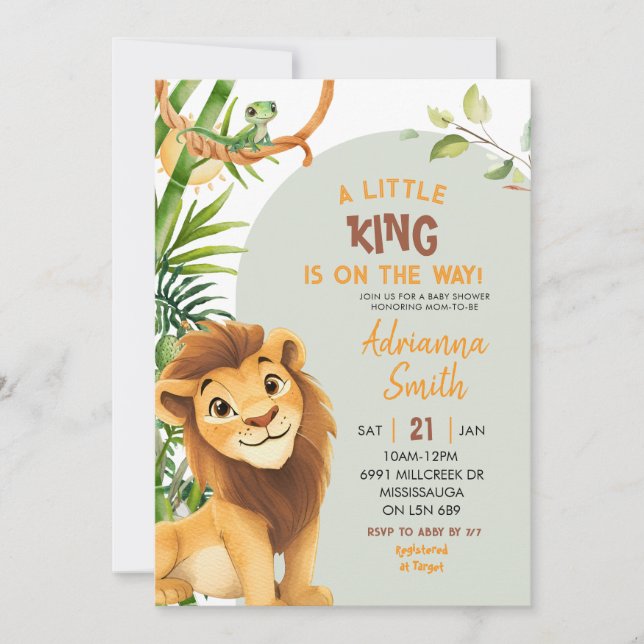 Invitación Green Lion Little King On The Way Baby Shower (Anverso)
