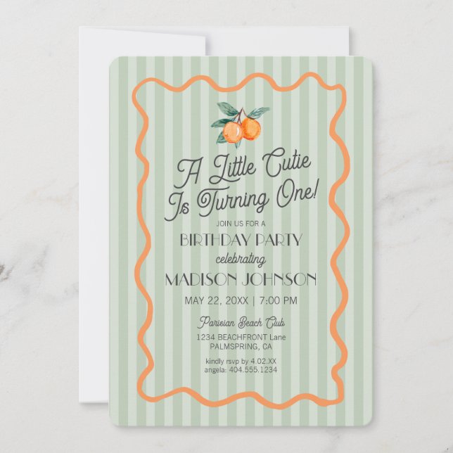 Invitación Green Little Cutie Pastel Citrus Tema Cumpleaños (Anverso)