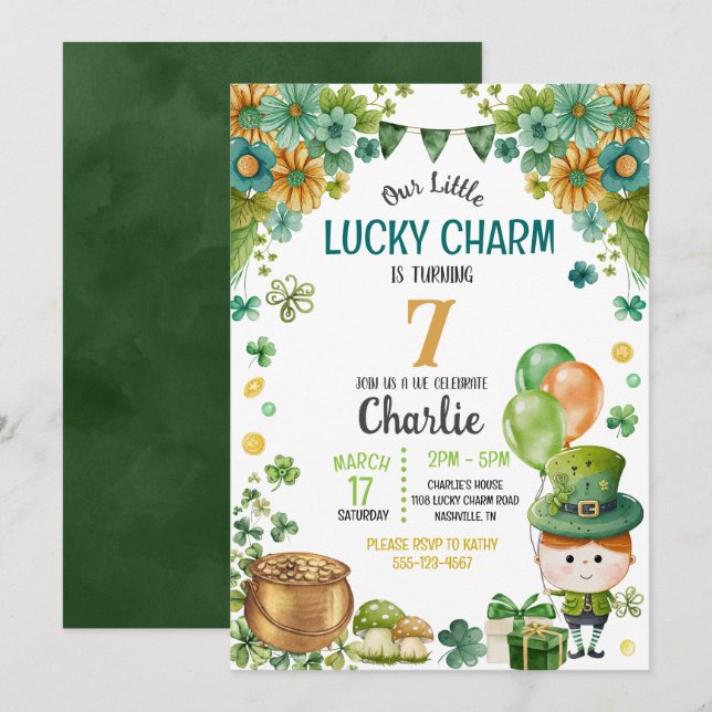 Invitación Green Little Leprechaun Boy St Patricks Cumpleaños (Anverso / Reverso)
