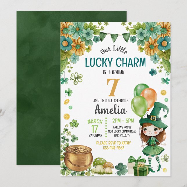 Invitación Green Little Leprechaun Chica St Patricks Cumpleañ (Anverso / Reverso)