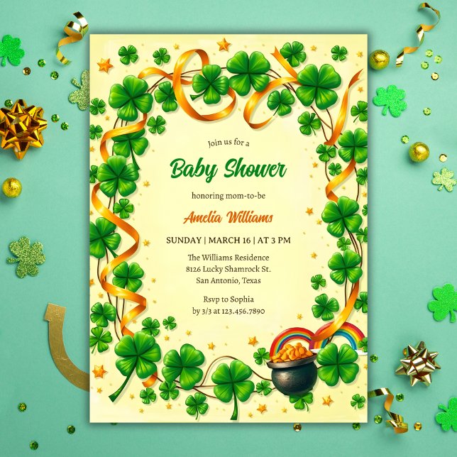 Invitación Green Lucky Shamrock St Patricks Day Baby Shower (Green Lucky Shamrock St. Patrick's Day Baby Shower Invitation)