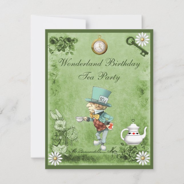Invitación Green Mad Hatter Wonderland Birthday Tea Fiesta (Anverso)