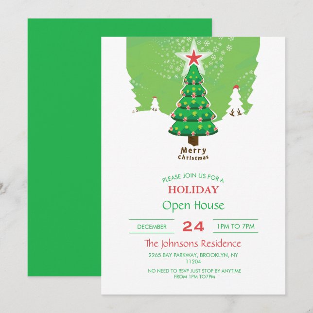 Invitación Green Merry Christmas Tree (Anverso / Reverso)