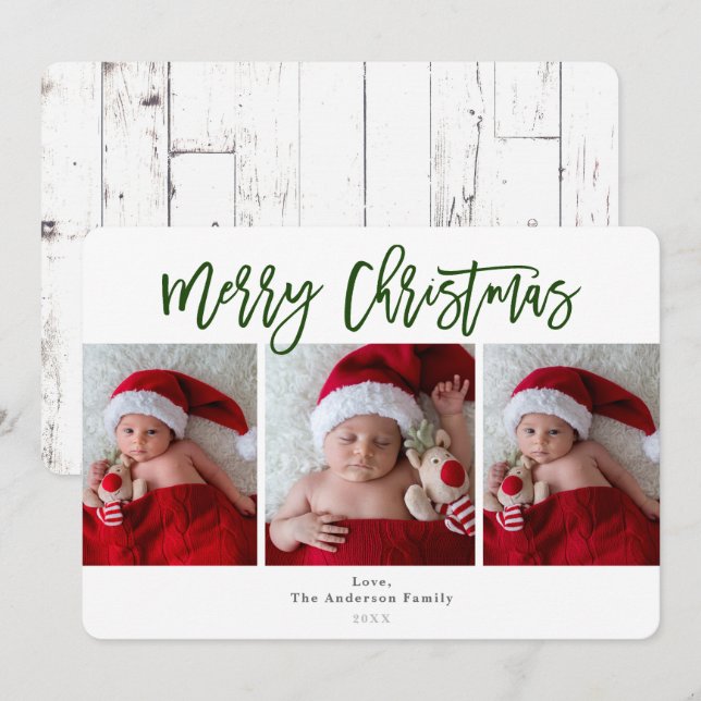 Invitación Green Merry Christmas White Wood Holiday Photo (Anverso / Reverso)