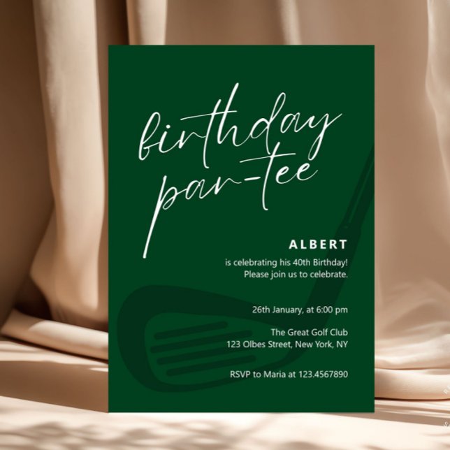 Invitación Green Minimalist Golf Birthday Partee (golf cart course birthday party, greens clubs golfer celebration fun, invitation for him congratulat)