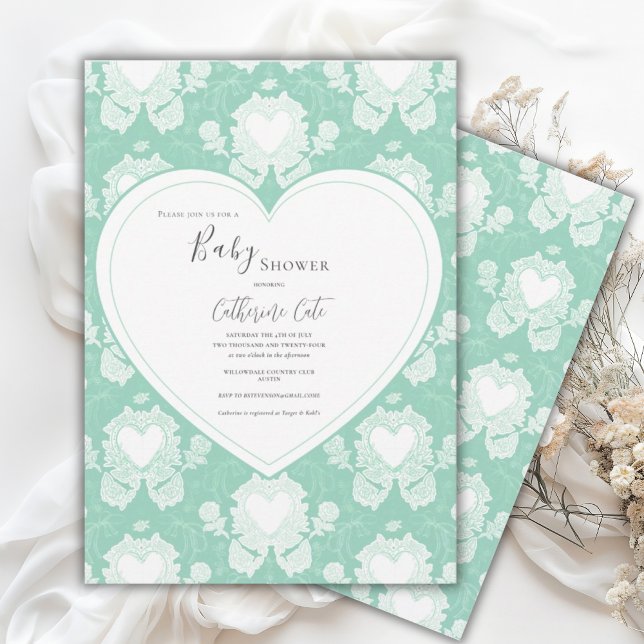 Invitación Green Mint Floral Whimsical Heart Baby Shower  (Subido por el creador)