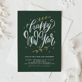 Invitación Green Modern Calligraphy and Wreath New Year Party