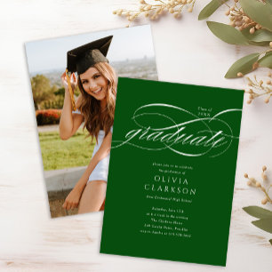 Invitación Green Modern Elegant Script Photo Graduation Party