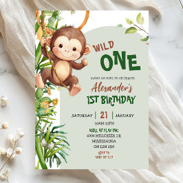 Invitación Green Monkey Wild One Safari First Birthday