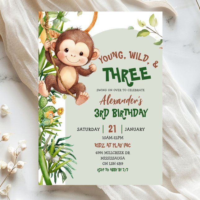 Invitación Green Monkey Young Wild Three Third Birthday (Subido por el creador)