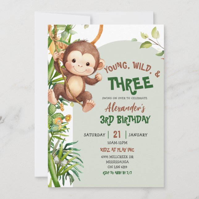 Invitación Green Monkey Young Wild Three Third Birthday (Anverso)
