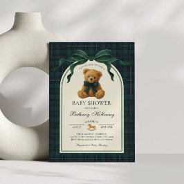 Invitación Green Navy Plaid Polo Teddy Bear Baby Shower
