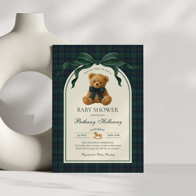 Invitación Green Navy Plaid Polo Teddy Bear Baby Shower (Subido por el creador)