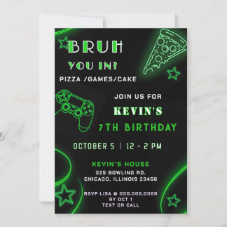 Invitación Green Neon Glow Pizza Games Bruth Cumpleaños