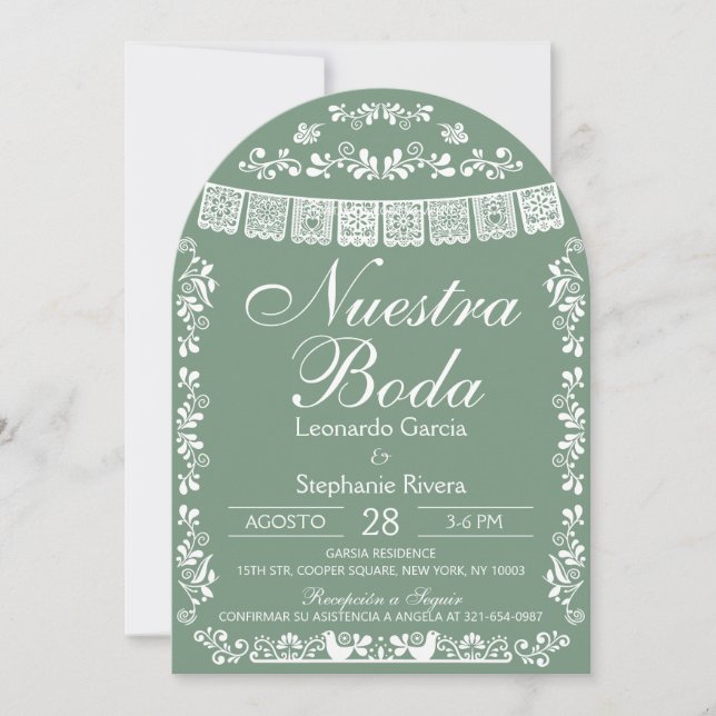 Invitación Green Nuestra Boda Papel Picado Spanish Wedding (Anverso)