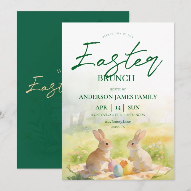 Invitación Green Pastel Watercolor Bunny Easter Brunch  (Anverso / Reverso)