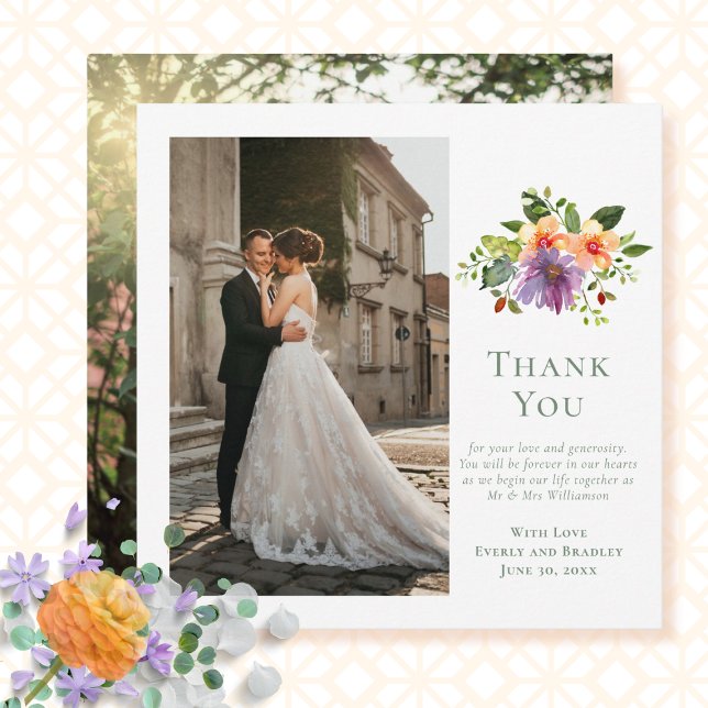 Invitación Green Peach Purple Floral Photo Boda Gracias (Subido por el creador)