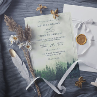 Invitación Green Pine Forest Rustic Budget QR Code Wedding