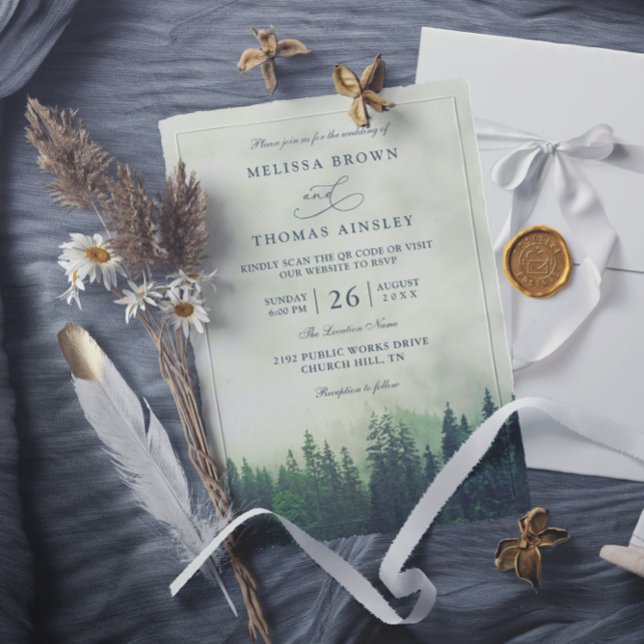 Invitación Green Pine Forest Rustic Budget QR Code Wedding (Subido por el creador)