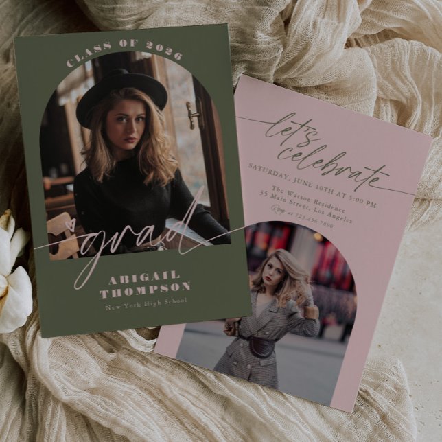 Invitación Green & Pink Arch Photo Script Graduation (Subido por el creador)