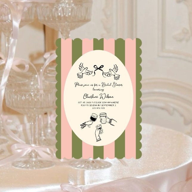 Invitación Green Pink Striped Cute illustrated Bridal Shower (Subido por el creador)