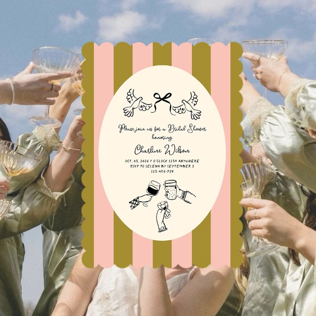 Invitación Green Pink Striped Cute illustrated Bridal Shower (Subido por el creador)