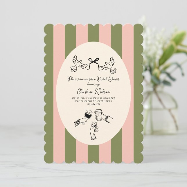 Invitación Green Pink Striped Cute illustrated Bridal Shower (Subido por el creador)
