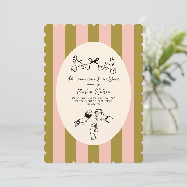 Invitación Green Pink Striped Cute illustrated Bridal Shower (Subido por el creador)