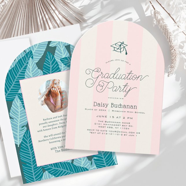 Invitación Green & Pink Stripes Palms Graduation Party Photo (Subido por el creador)