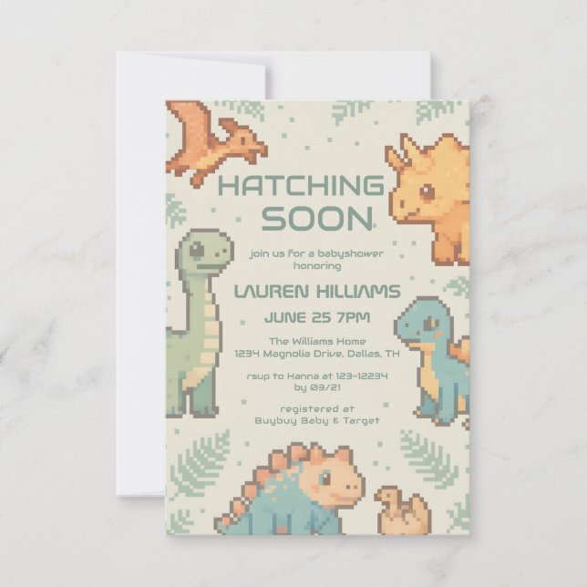 Invitación Green Pixelated Dinosaur Baby Shower party boy (Anverso)