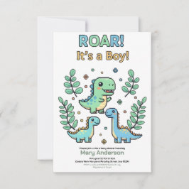 Invitación Green Pixelated Dinosaur Baby Shower party boy