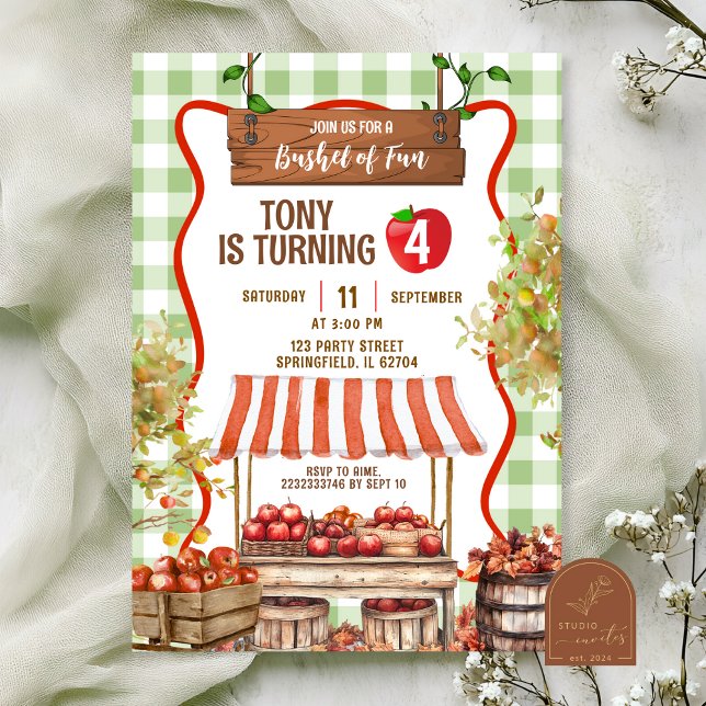 Invitación Green Plaid Quirky Apple Orchard Birday (Subido por el creador)