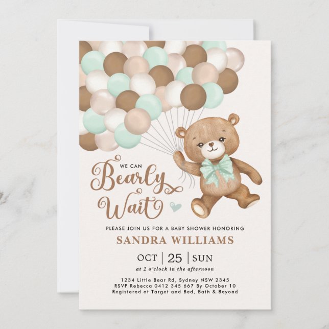 Invitación Green Podemos Esperar A Teddy Bear Baby Shower (Anverso)